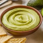 The image depicts a bowl of avocado crema, a smooth and creamy green sauce, surrounded by tortilla chips and fresh avocado halves. The texture looks silky, and the crema has a swirled finish on top, indicating its thick, luscious consistency. The avocados in the background add a fresh, vibrant touch, while the tortilla chips suggest that this is an ideal dip or accompaniment for various dishes.